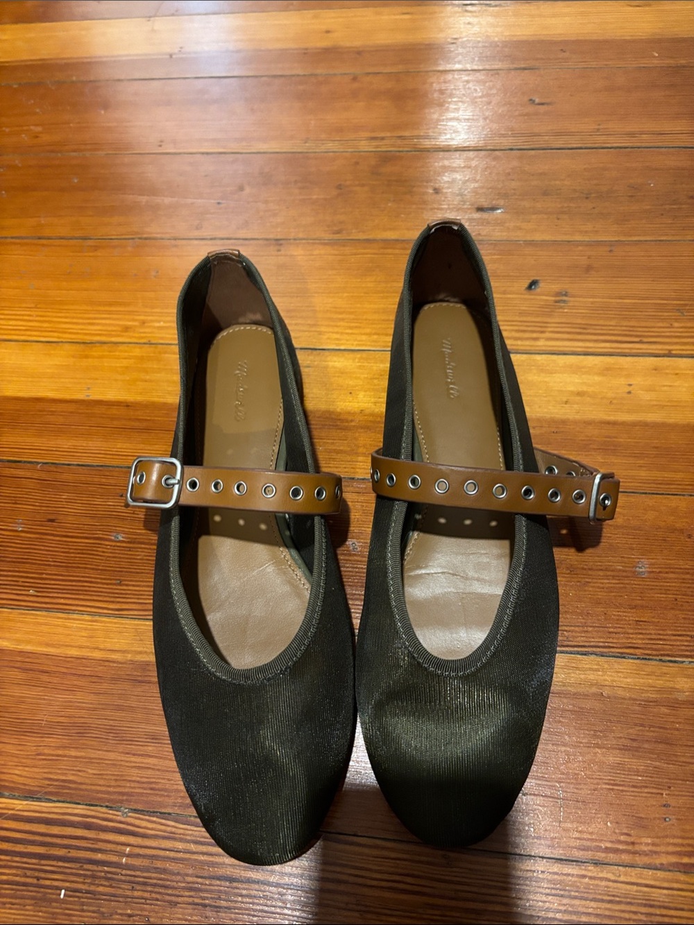 Madewell Olive Green Mary Jane Flats with Brown Buckle Strap and Eyelets